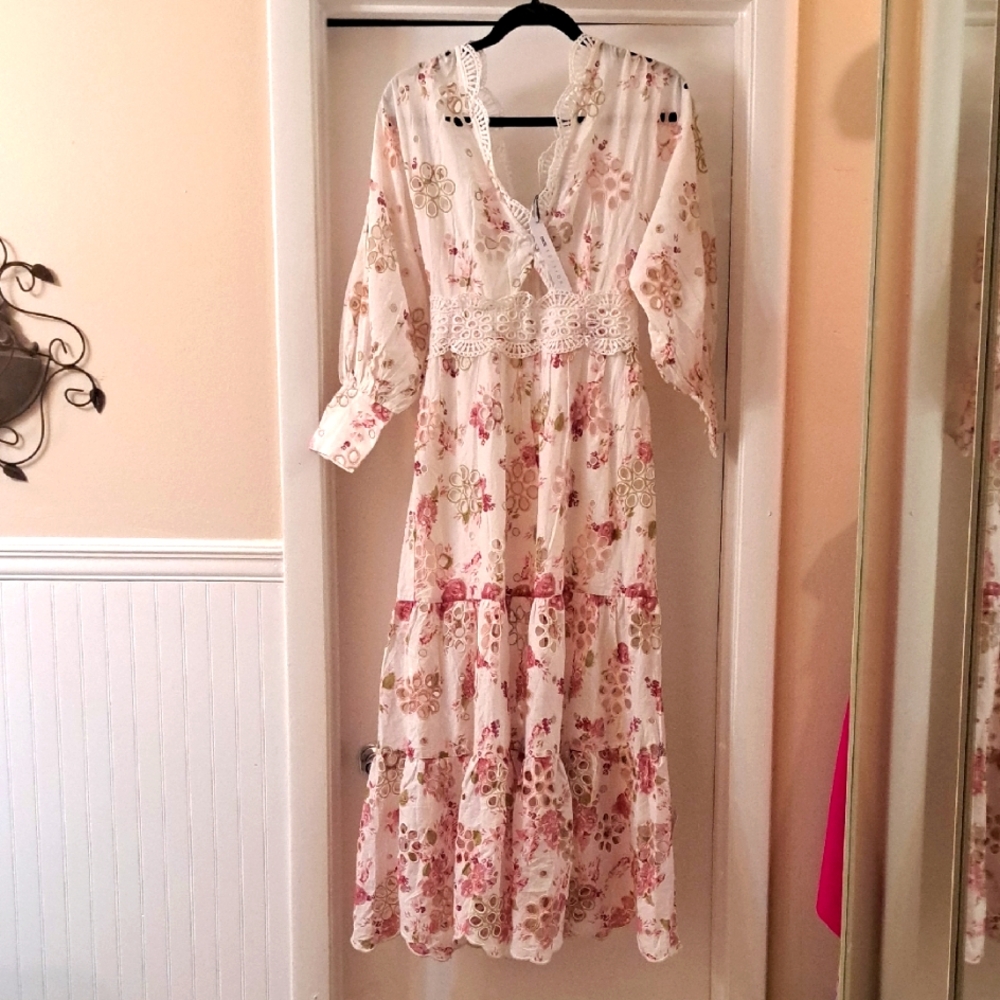 Asos Edition NWT Floral Embroidered & Eyelet White Pink &Green Maxi Dress Sz2